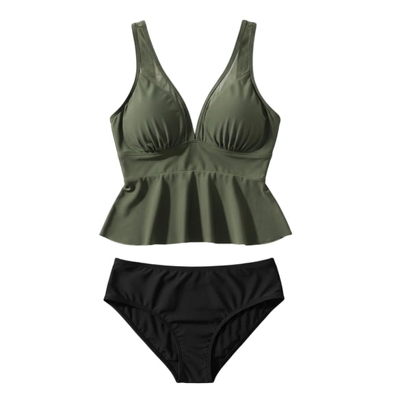Viluyesy Swimsuits for Womens, V Neck Tankini and High Waist Swim Bottom Beach 2-Piece Bathing Suits Green XL