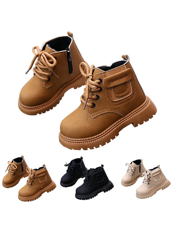 Toddler Boys Ankle Boots Side Zipper Fleece Lined Solid Color Shoes Lace-Up Buckle Non-slip Boots Black Size 6.5 Toddler