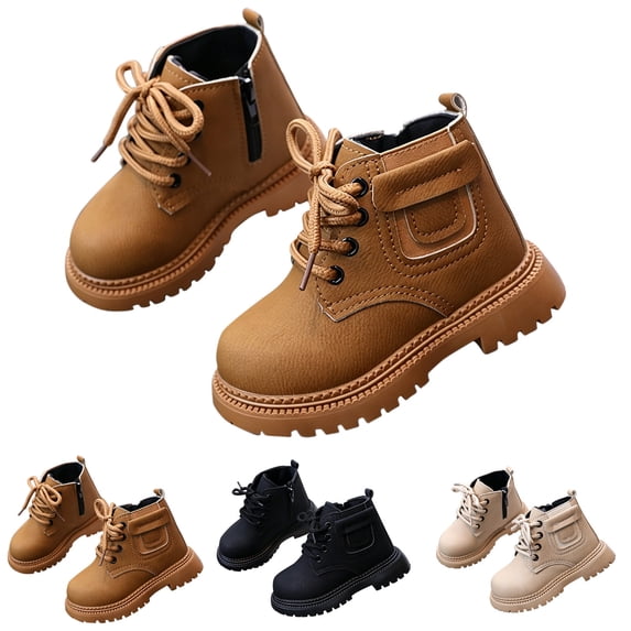 Viluyesy Toddler Boys Ankle Boots Side Zipper Fleece Lined Solid Color Shoes Lace-Up Buckle Non-slip Boots Khaki Size 7