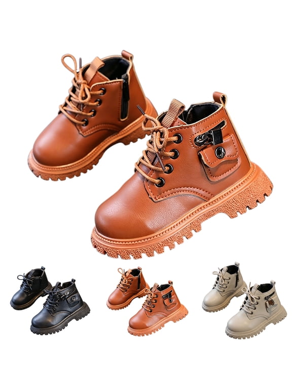 Toddler Boys Ankle Boots Side Zipper Lace-Up Buckle Solid Color Shoes Kids Non-slip Boots White Size 6.5 Toddler