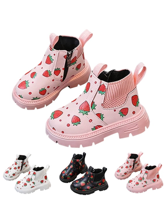 Toddler Girls Ankle Boots Side Zipper Cute Print Shoes Non-slip Leather Boots Pink Size 6.5 Toddler