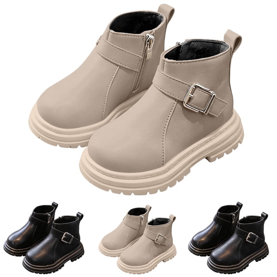 Viluyesy Toddler Girls Ankle Boots Side Zipper Fleece Lined Solid Color Shoes Lace-Up Buckle Non-slip Leather Boots Beige Size 7