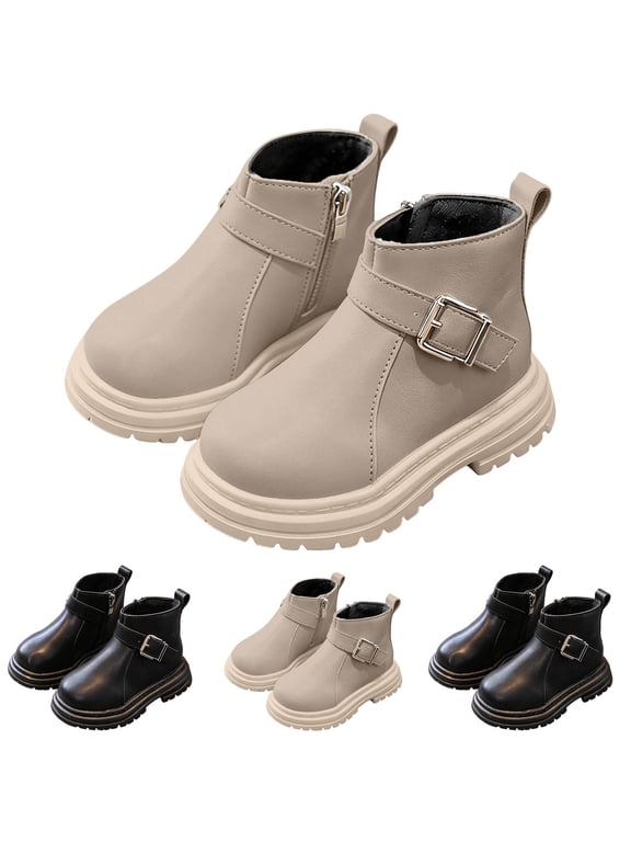Toddler Girls Ankle Boots Side Zipper Fleece Lined Solid Color Shoes Lace-Up Buckle Non-slip Leather Boots Black Size 8