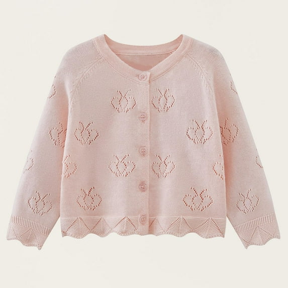 Viluyesy Toddler Girls Cardigan Sweater, Floral Hollow Out Long Sleeve Shrug Crewneck Knitted Sweater Tops Pink 6T