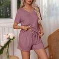 thumbnail image 1 of Viluyesy Tops Elastic Waist Short Pants 2PC Women Round Neck T-Shirt and Shorts Set Knitted Shirt and Shorts Sets Two PC Purple Size M, 1 of 9