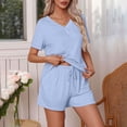 thumbnail image 1 of Viluyesy Tops Elastic Waist Short Pants 2PC Women Round Neck T-Shirt and Shorts Set Knitted Shirt and Shorts Sets Two PC Sky Blue Size M, 1 of 9