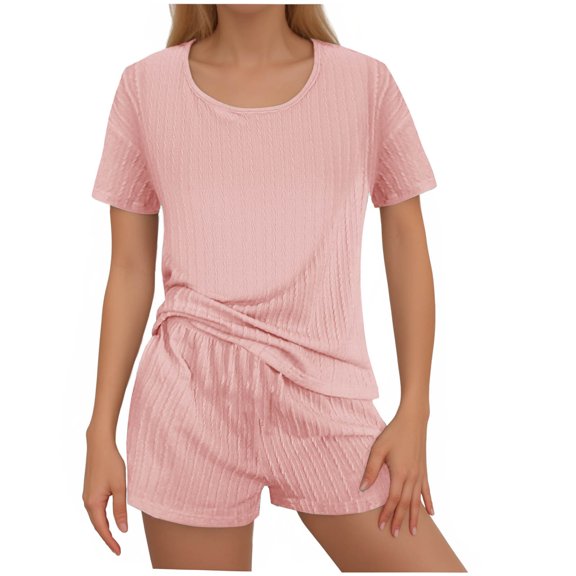 Viluyesy Tops Elastic Waist Short Pants 2PC Women Round Neck T-Shirt and Shorts Set Relaxed Knitted Shirt and Shorts Sets Two PC Pink Size L