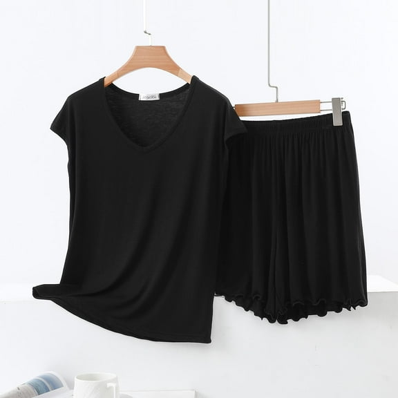 Viluyesy Tops Elastic Waist Short Pants 2PC Women Round Neck T-Shirt and Shorts Set Relaxed Shirt and Shorts Sets Two PC Black Size M