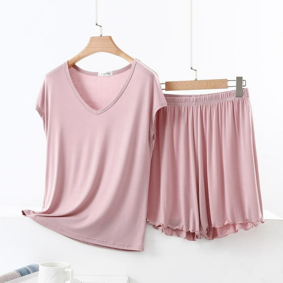 Viluyesy Tops Elastic Waist Short Pants 2PC Women Round Neck T-Shirt and Shorts Set Relaxed Shirt and Shorts Sets Two PC Pink Size XL