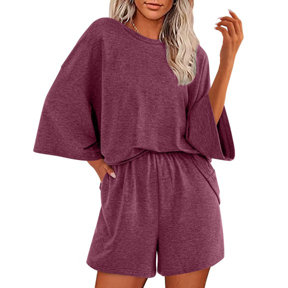 Viluyesy Tops Elastic Waist Short Pants 2PC Women Round Neck T-Shirt and Shorts Set Tight Shirt and Shorts Sets Two PC Wine Size S