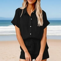 Viluyesy Tops Elastic Waist Short Pants 2PC Women V-Neck T-Shirt and Shorts Set Button Cotton Shirt and Shorts Sets Two PC Black Size M