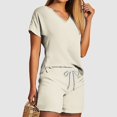 thumbnail image 1 of Viluyesy Tops Elastic Waist Short Pants 2PC Women V-Neck T-Shirt and Shorts Set Shirt and Shorts Sets Two PC Beige Size M, 1 of 5