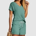 thumbnail image 1 of Viluyesy Tops Elastic Waist Short Pants 2PC Women V-Neck T-Shirt and Shorts Set Shirt and Shorts Sets Two PC Mint Green Size S, 1 of 5