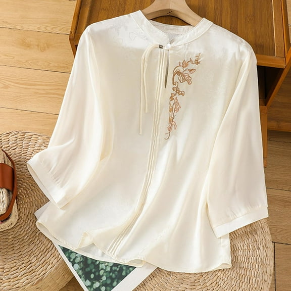 Viluyesy V-Neck Button T-Shirt for Womens 3/4 Sleeves Embroidery Shirt Tops Fold Cotton Stand-Up Collar Loose Blouse Beige Size 2XL