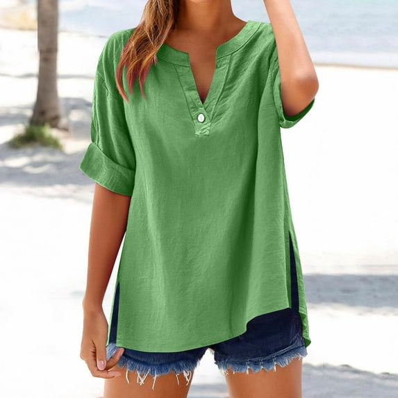 Viluyesy V-Neck Button T-Shirt for Womens 3/4 Sleeves Shirt Tops Fashionable Button Cotton Loose Blouse Green Size 2XL
