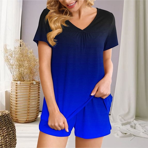 Viluyesy V-Neck T-Shirt and Shorts 2PC for Women Printed Tops Elastic Waist Short Pants Sets Pocket Fashionable Shirt and Shorts Sets Two PC Blue Size S