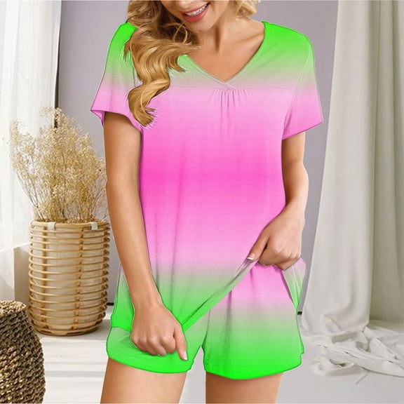 Viluyesy V-Neck T-Shirt and Shorts 2PC for Women Printed Tops Elastic Waist Short Pants Sets Pocket Fashionable Shirt and Shorts Sets Two PC Pink Size XL