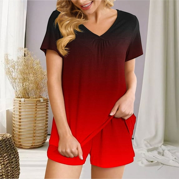 Viluyesy V-Neck T-Shirt and Shorts 2PC for Women Printed Tops Elastic Waist Short Pants Sets Pocket Fashionable Shirt and Shorts Sets Two PC Red Size S