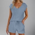 thumbnail image 1 of Viluyesy V-Neck T-Shirt and Shorts Set for Womens Solid Color Tops Elastic Waist Short Pants Comfortable Shirt and Shorts Sets Two PC Light Blue Size L, 1 of 9