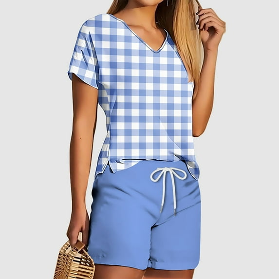 Viluyesy V-Neck T-Shirt and Shorts 2PC for Women Printed Tops Elastic Waist Short Pants Sets Shirt and Shorts Sets Two PC Blue Size XL