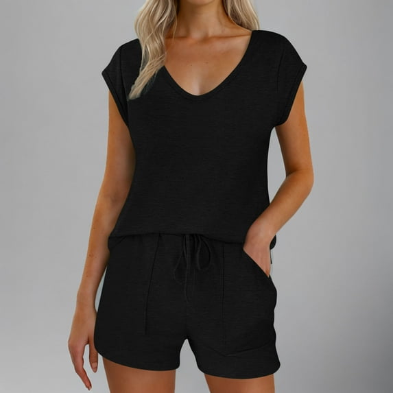 Viluyesy V-Neck T-Shirt and Shorts Set for Womens Solid Color Tops Elastic Waist Short Pants Comfortable Shirt and Shorts Sets Two PC Black Size M