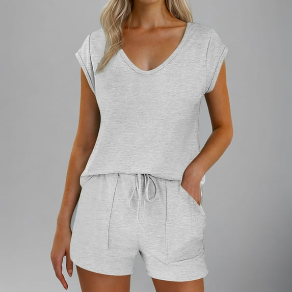 Viluyesy V-Neck T-Shirt and Shorts Set for Womens Solid Color Tops Elastic Waist Short Pants Comfortable Shirt and Shorts Sets Two PC White Size S