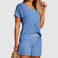 thumbnail image 1 of Viluyesy V-Neck T-Shirt and Shorts Set for Womens Solid Color Tops Elastic Waist Short Pants Shirt and Shorts Sets Two PC Blue Size M, 1 of 5