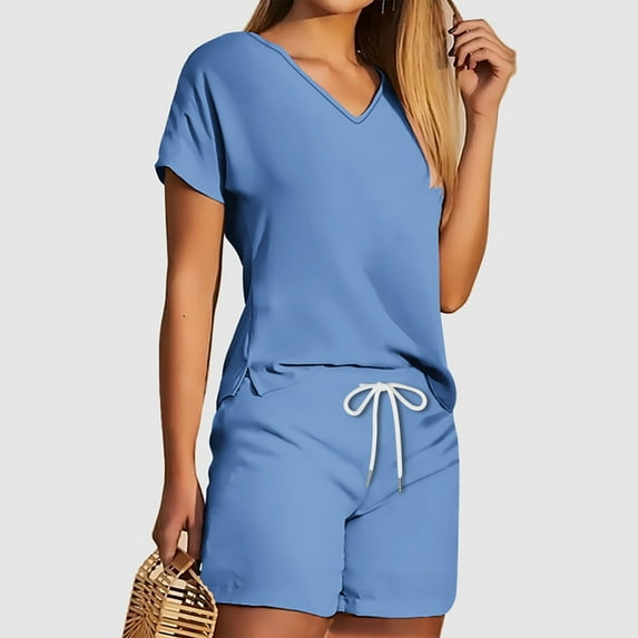 Viluyesy V-Neck T-Shirt and Shorts Set for Womens Solid Color Tops Elastic Waist Short Pants Shirt and Shorts Sets Two PC Blue Size M