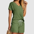 thumbnail image 1 of Viluyesy V-Neck T-Shirt and Shorts Set for Womens Solid Color Tops Elastic Waist Short Pants Shirt and Shorts Sets Two PC Green Size 2XL, 1 of 5