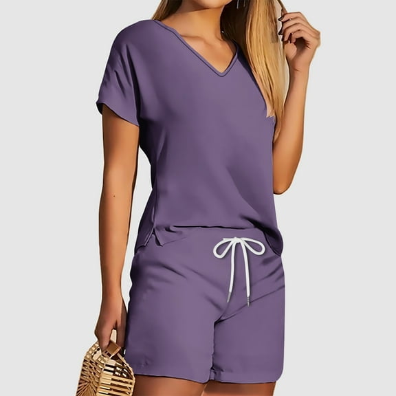 Viluyesy V-Neck T-Shirt and Shorts Set for Womens Solid Color Tops Elastic Waist Short Pants Shirt and Shorts Sets Two PC Purple Size L