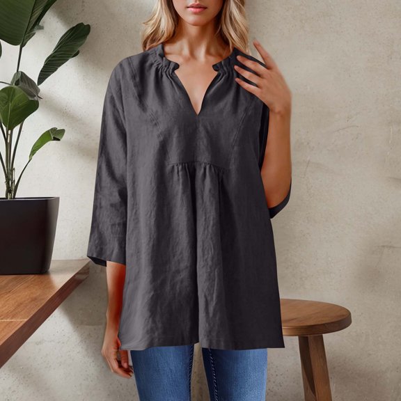 Viluyesy V-Neck T-Shirt for Womens 3/4 Sleeves Shirt Tops Fashionable Cotton Loose Blouse Dark Gray Size 2XL