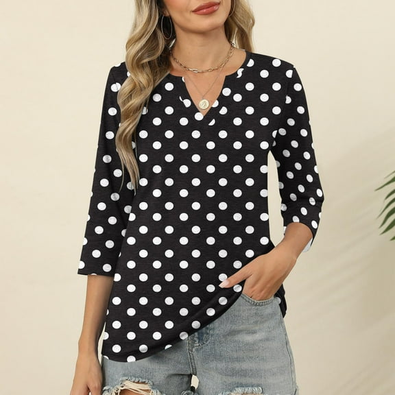 Viluyesy V-Neck T-Shirt for Womens 3/4 Sleeves Shirt Tops Fashionable Loose Blouse Black Size M