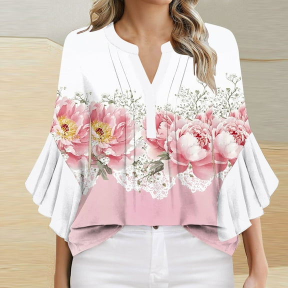 Viluyesy V-Neck T-Shirt for Womens 3/4 Sleeves Shirt Tops Fold Petal Loose Blouse Pink Size 2XL