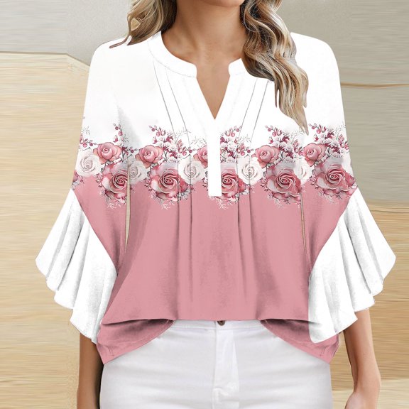 Viluyesy V-Neck T-Shirt for Womens 3/4 Sleeves Shirt Tops Fold Petal Loose Blouse Pink Size S