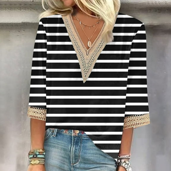 Viluyesy V-Neck T-Shirt for Womens 3/4 Sleeves Shirt Tops Lace Relaxed Loose Blouse Black Size L