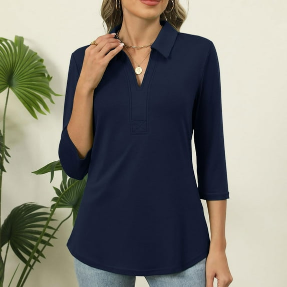 Viluyesy V-Neck T-Shirt for Womens 3/4 Sleeves Shirt Tops Lapel Collar Loose Blouse Navy Size M