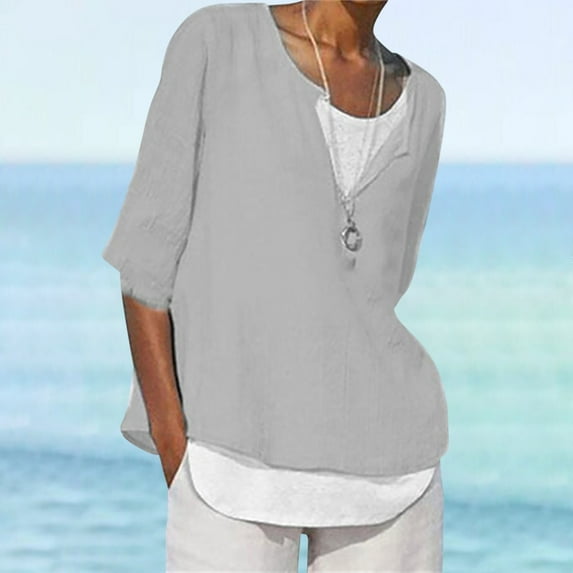 Viluyesy V-Neck T-Shirt for Womens 3/4 Sleeves Shirt Tops Loose Blouse Gray Size 5XL