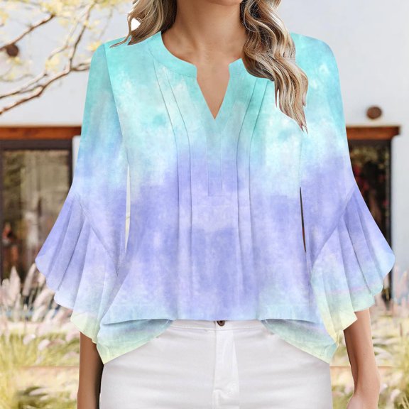 Viluyesy V-Neck T-Shirt for Womens 3/4 Sleeves Shirt Tops Loose Blouse Mint Green Size S