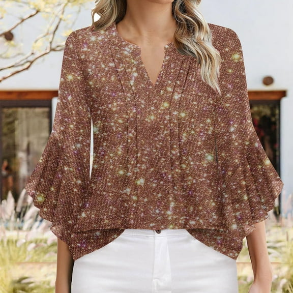 Viluyesy V-Neck T-Shirt for Womens 3/4 Sleeves Shirt Tops Loose Blouse Rose Gold Size S