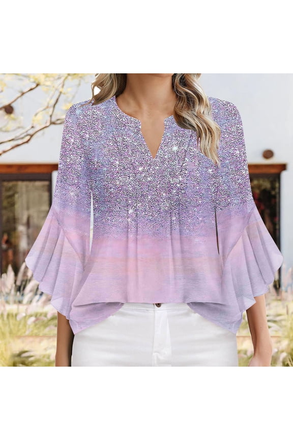 V-Neck T-Shirt for Womens 3/4 Sleeves Shirt Tops Loose Blouse Watermelon Red Size M