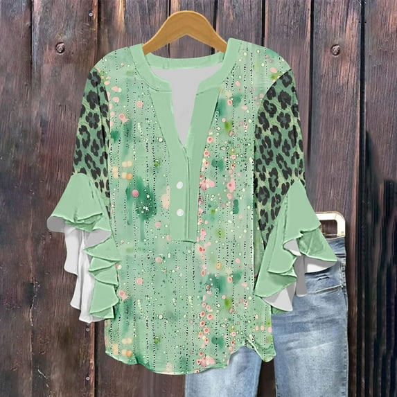 Viluyesy V-Neck T-Shirt for Womens 3/4 Sleeves Shirt Tops New Relaxed Button Loose Blouse Multicolor Size L