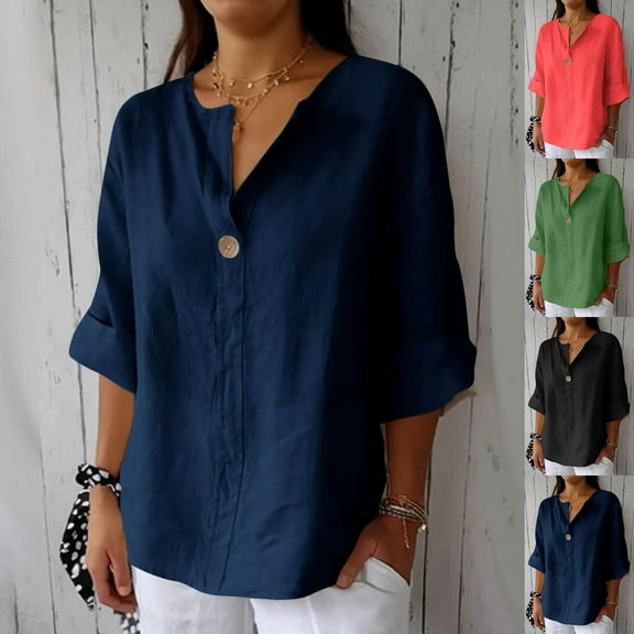 Viluyesy V-Neck T-Shirt for Womens 3/4 Sleeves Shirt Tops Relaxed Cotton Loose Blouse Green Size 5XL