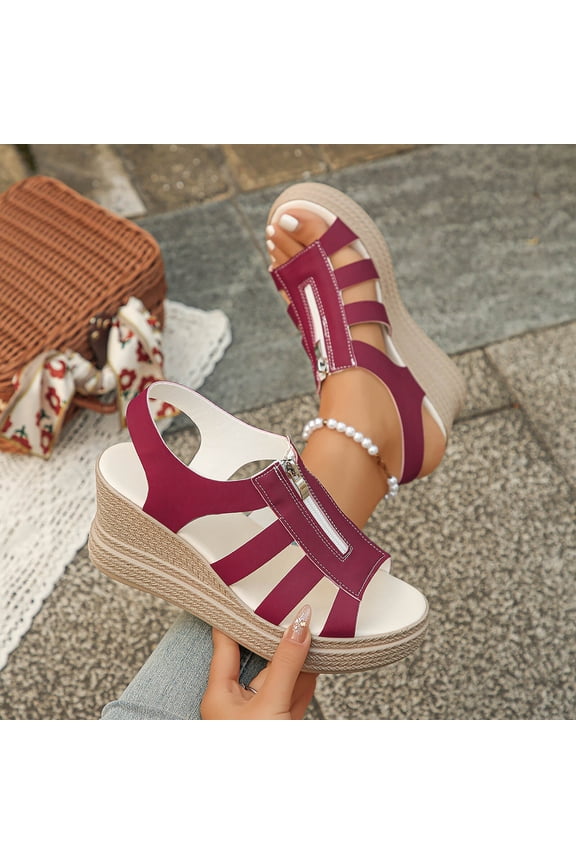 Wedge Sandals for Womens, Open Toe Zipper Slingback Summer Fashion Platform Shoes Wine US6.5