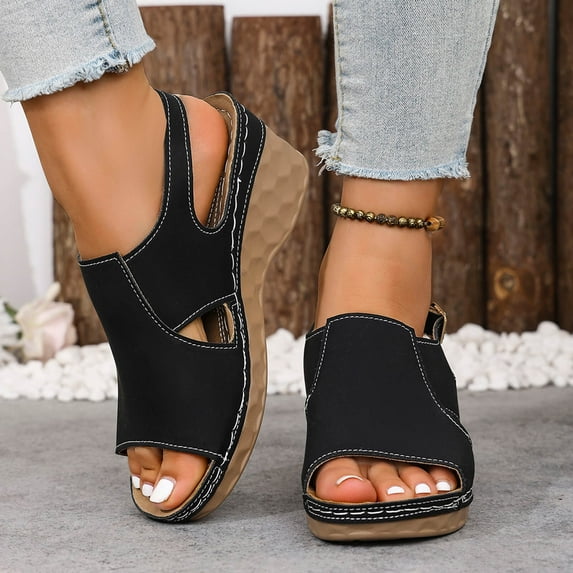 Viluyesy Wedge Sandals for Womens, Peep Toe Wide Width Adjustable Buckle 2026 Fashion Comfortable Shoes Black US5.5