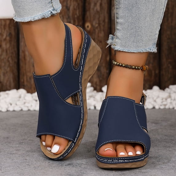 Viluyesy Wedge Sandals for Womens, Peep Toe Wide Width Adjustable Buckle 2026 Fashion Comfortable Shoes Navy US6.5