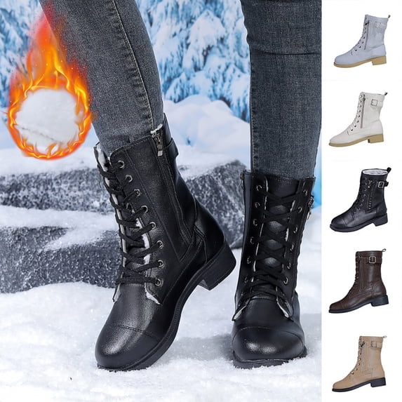 Viluyesy Winter Boots for Women Fashion Lace Up Faux Fur Lined Ankle Boots Warm Side Zipper Comfortable Shoes Black Size 6.5