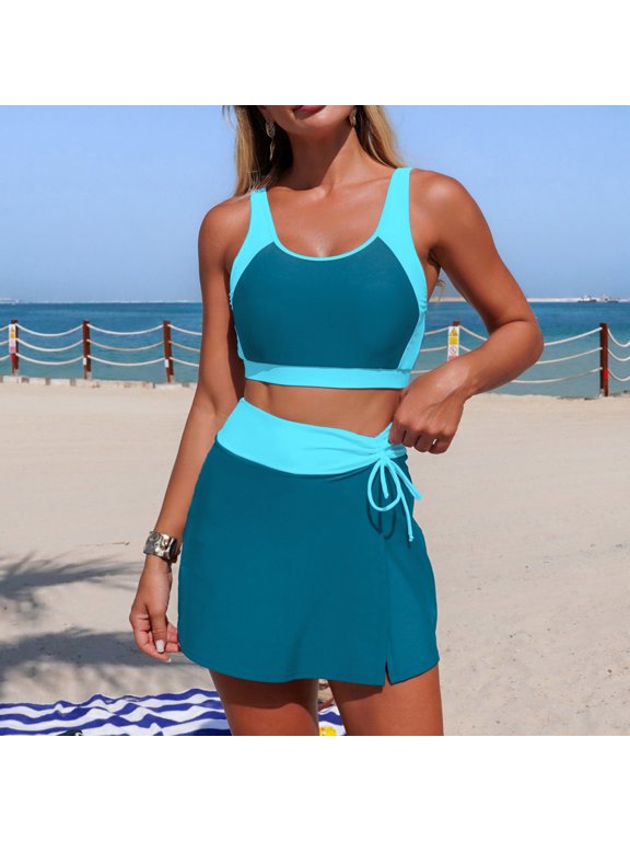 Women Tankini Swimsuit Two Piece High Waisted Wrap Skirted Bottoms Scoop Neck Crop Top Modest Athletic Swimwear for Beach Pool Vacation Sky Blue Size M
