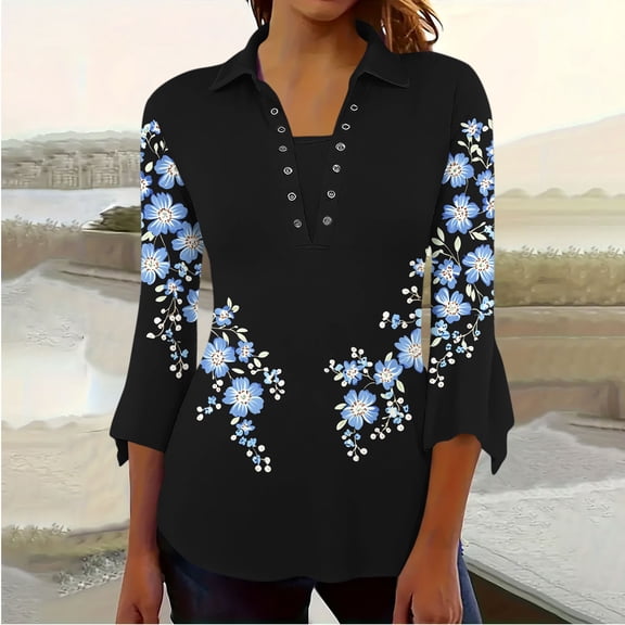 Viluyesy Women's 3/4 Sleeves T-Shirt Lapel Collar Shirt Tops Comfortable Fashionable Relaxed Lapel Collar Petal Loose Blouse Black Size L