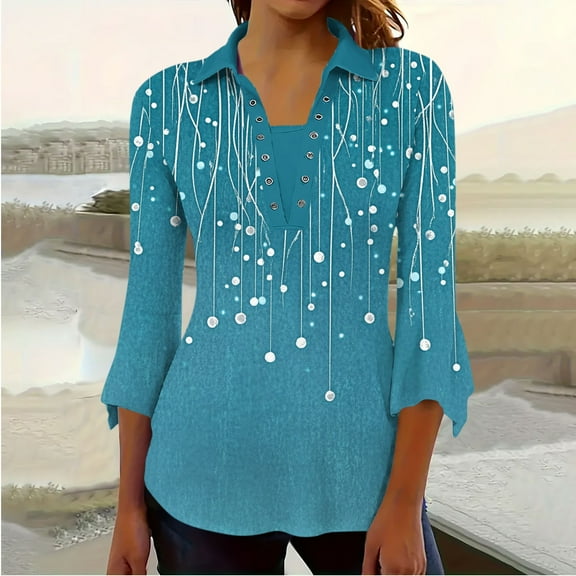 Viluyesy Women's 3/4 Sleeves T-Shirt Lapel Collar Shirt Tops Comfortable Fashionable Relaxed Lapel Collar Petal Loose Blouse Blue Size M