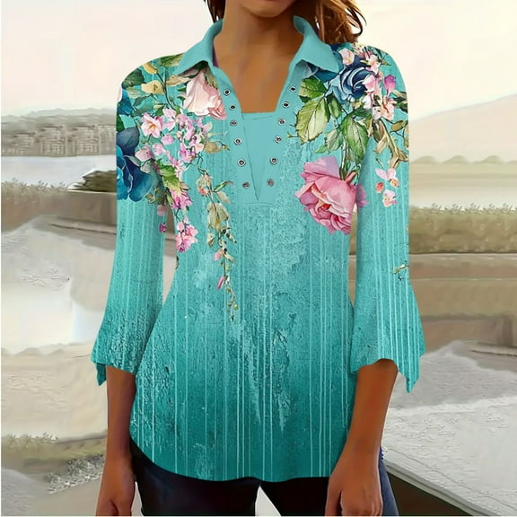 Viluyesy Women's 3/4 Sleeves T-Shirt Lapel Collar Shirt Tops Comfortable Fashionable Relaxed Lapel Collar Petal Loose Blouse Green Size M